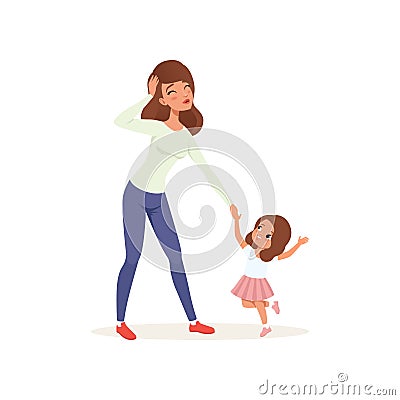 Tired mother holding hand her naughty daughter, parenting stress concept, relationship between children and parents Vector Illustration