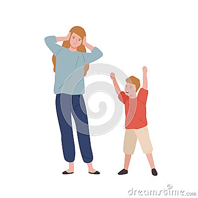 Tired mother holding head near screaming son isolated on white. Woman have stress and headache during motherhood vector Vector Illustration