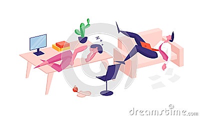 Tired or Overworked Business Characters Sleep on Office Desk and Couch. Laziness, Emotional Burnout Vector Illustration