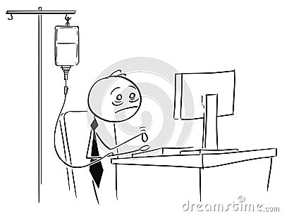 Tired Overworked Businessman Working on Computer with Stimulating Infusion Vector Illustration