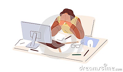 Tired overworked employee at workplace. Exhausted fatigue office worker with eyes ache, sitting at computer desk Vector Illustration