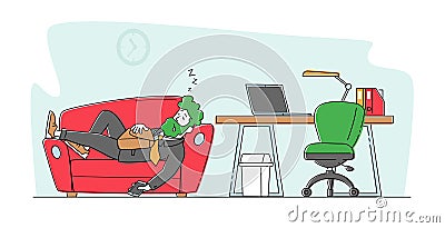 Tired Overworked Worker, Business Character Sleep on Couch near Desk. Laziness, Emotional Burnout, Employee Sleeping Vector Illustration