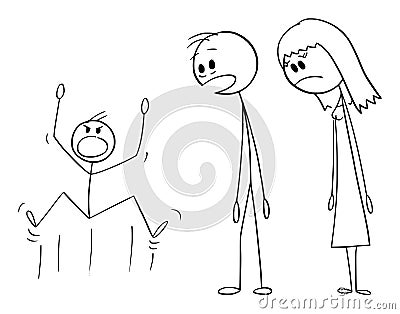 Parents Looking at Naughty Child , Vector Cartoon Stick Figure Illustration Vector Illustration