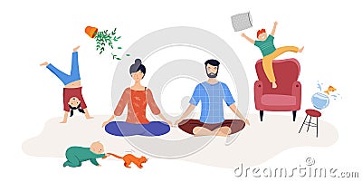 Tired parents, mom and dad of two kids trying to relax, to meditate. Children play, jump and run around them Vector Illustration