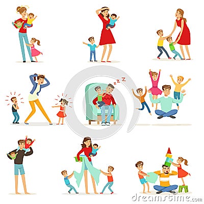 Tired parents and their children set, parenting stress vector Illustration Vector Illustration