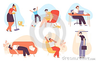 Tired people. Exhausted men and women with anxiety and stress. Depressed mother, bored office worker, sleepy and burnout person Vector Illustration