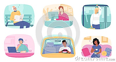 Tired people. Office dormant employees and car drivers. Passengers sleeping in transport. Men and women feel fatigue Vector Illustration