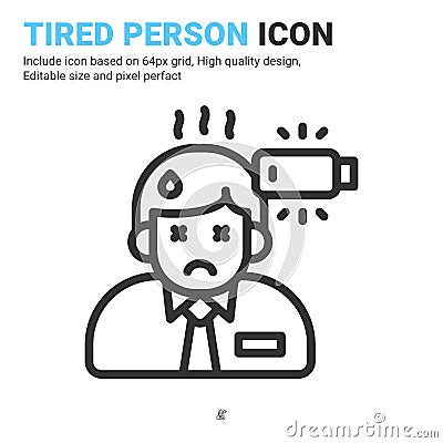 Tired person icon thin line isolated on white background. Vector design illustration stress, burnout workplace, exhausted Vector Illustration