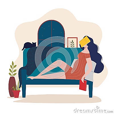 Tired pregnant woman resting and sleeping on the sofa with a book on her face. Take a nap while reading Vector Illustration