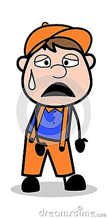 Tired - Retro Cartoon Carpenter Worker Vector Illustration Stock Photo