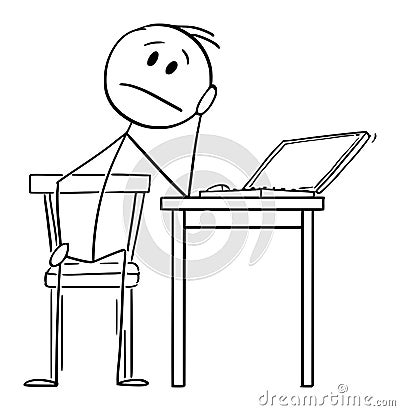 Tired or Sad Man Working on Computer at Home During Quarantine, Home Office , Vector Cartoon Stick Figure Illustration Vector Illustration