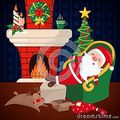 Tired Santa Claus and Deer sleeping on chair near fireplace and Christmas tree Vector Illustration