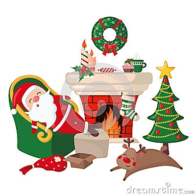 Tired Santa Claus and Deer sleeping on chair near fireplace and Christmas tree isolated on white Vector Illustration