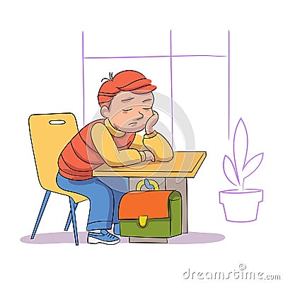 Tired schoolboy sleeps in class. Sleepy boy sitting at boring lesson Vector Illustration