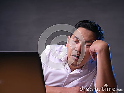 Tired Sleepy Asian Businessman Having Overworked Stock Photo
