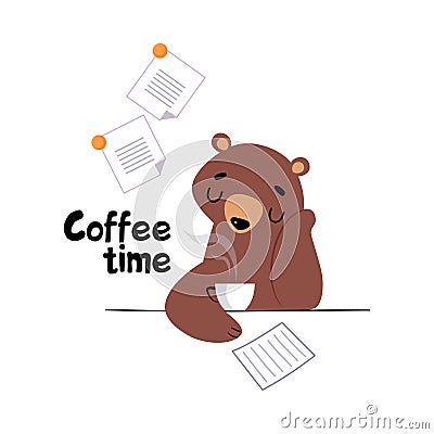 Tired and Sleepy Bear Staff or Office Employee Drinking Coffee at Lunch Time Vector Illustration Vector Illustration