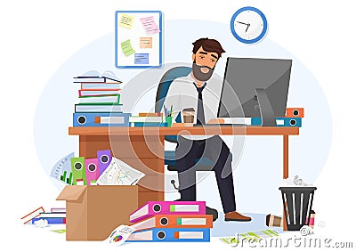 Tired sleepy male office worker stays late on workplace. Overload paperwork, meeting deadlines, report, overwhelmed by Vector Illustration