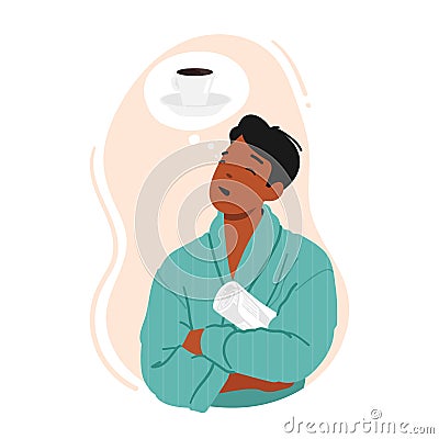 Tired Sleepy Man Thinking About Coffee. Male Character With Droopy Eyes Desire For A Caffeine Boost, Feeling Of Fatigue Vector Illustration