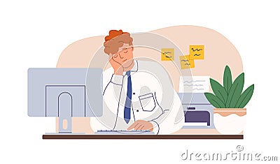 Tired sleepy office worker sleeping at work. Drowsy man falling asleep at workplace. Exhausted employee dozing and Vector Illustration