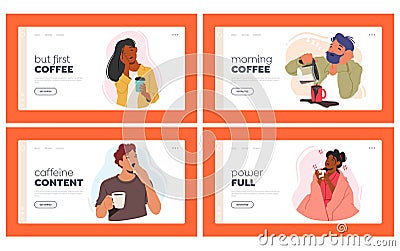 Tired Sleepy People Needing Coffee Landing Page Template Set. Drowsy Characters In Need Of A Caffeine Fix Vector Illustration