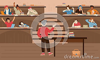 Tired and sleepy students on bored lecture Vector Illustration