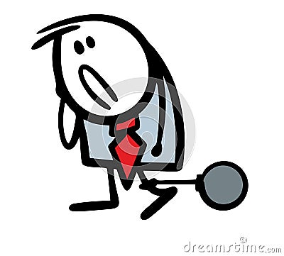 Tired stickman comes home from work with a weight attached to his leg. Vector illustration of a business slave. Vector Illustration