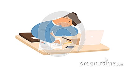 Tired student guy sleeping on table in front of laptop during prepare to exam vector flat illustration. Exhausted pupil Vector Illustration