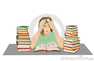 Tired student. Mental stress, education, preparation, frustration, learning concept. Tired depressed frustrated girl Vector Illustration