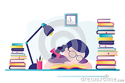 Tired student preparation for exam or test. Schoolgirl sleeps at desktop. Exhausted child does lot of homework Vector Illustration