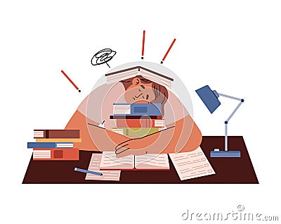 Tired student sleeping on table in pile of books, flat vector illustration isolated on white background. Vector Illustration