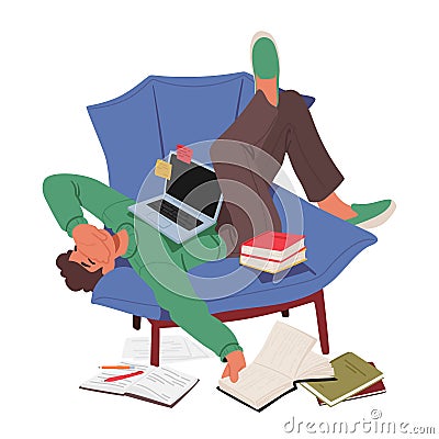 Tired Student Slumbers With Laptop Amidst A Sea Of Books, Overwhelmed By Fatigue From Relentless Studying, Vector Vector Illustration