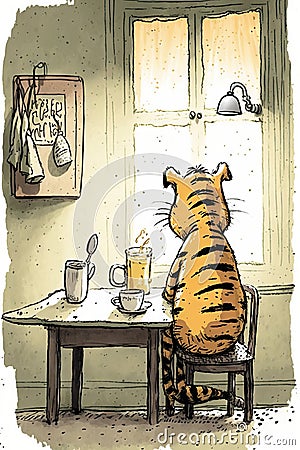 Tired Tiger is drinking coffee cartoon style painting Stock Photo