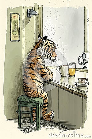 Tired Tiger is drinking coffee cartoon style painting Stock Photo