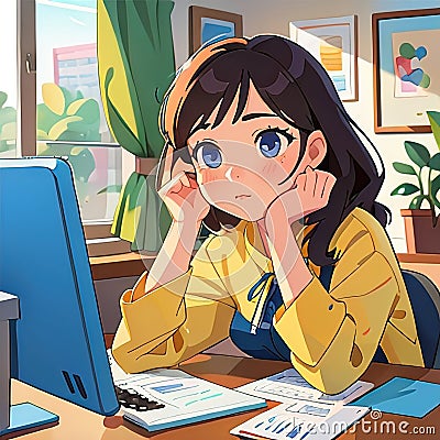 Tired woman working in office with computer, cute simple anime style illustration Cartoon Illustration