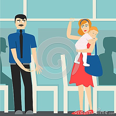 Good manners. the man on the bus gives way to the lady with child.etiquette. Vector Illustration