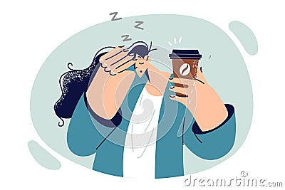 Tired woman drinks coffee to get rid of drowsiness and energize drink containing caffeine or taurine Vector Illustration
