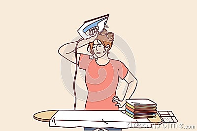 Tired woman housewife with iron wipes sweat from forehead standing near ironing board Vector Illustration