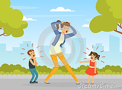 Tired Woman Mother Shouting Because of Crying Capricious Children Vector Illustration Stock Photo