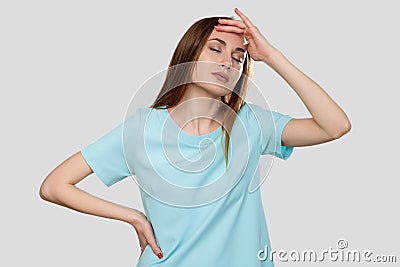 Tired woman stress crisis exhausted touching head Stock Photo
