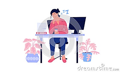 Tired woman. Stressed and burn out worker sleeps sitting at table. Overwhelmed office employee. Asleep female character Vector Illustration