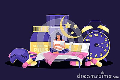 Tired woman suffering from insomnia. Vector flat cartoon illustration. Sleepless girl in night bedroom Vector Illustration