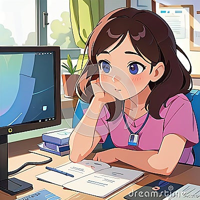 Tired woman working in office with computer, cute simple anime style illustration Cartoon Illustration