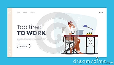 Tired Worker Character Burnout Landing Page Template. Tiredness Fatigue and Depression. Overload Sleepy Businessman Vector Illustration