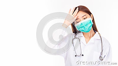 Tired young asian doctor. Portrait exhausted health care professional with headache, stressed, touching head overworked. isolated Stock Photo