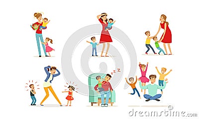 Tired Young Parents Exhausted with Nursing Little Kids Vector Illustrations Set. Kids Wanting to Play Vector Illustration