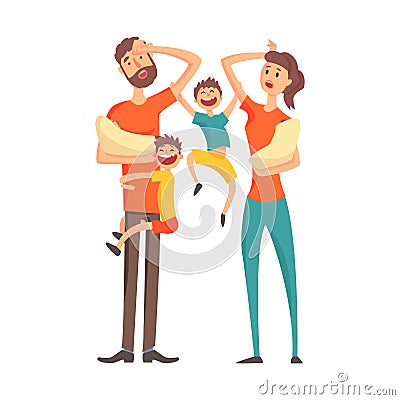 Tired Young Parents With two Babies And Two Older Sons,Part Of Family Members Series Of Cartoon Characters Vector Illustration