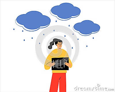 A tired young woman asks for help. A woman holds a card with the word help. Emotional instability, burnout. Mental Vector Illustration