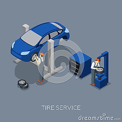 Tires Auto Service Isometric Banner Vector Illustration