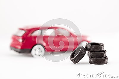 Tires in front of toy car Stock Photo