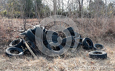 Tires Illegally Dumped in a Field. Stock Photo